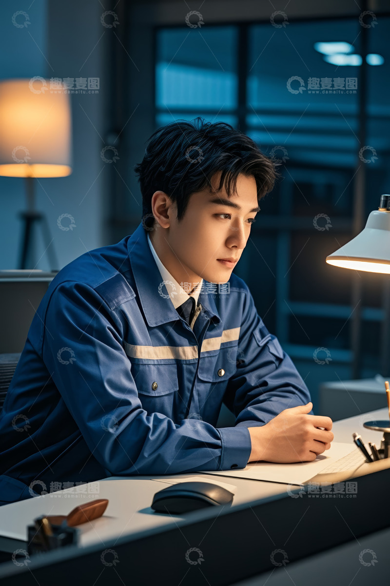 高清大图下载【趣麦麦图】男性工人桌前专注思考
