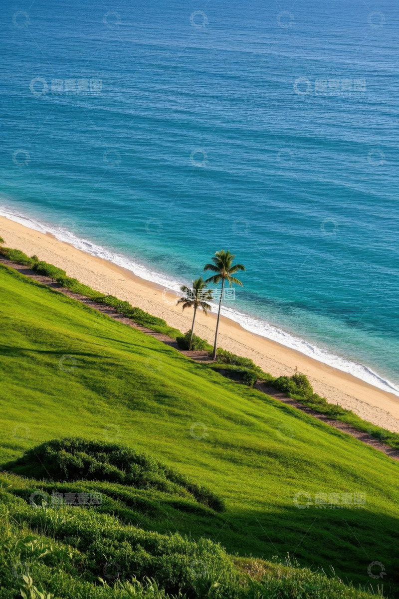 高清大图下载【趣麦麦图】海滩边绿草与棕榈树景色