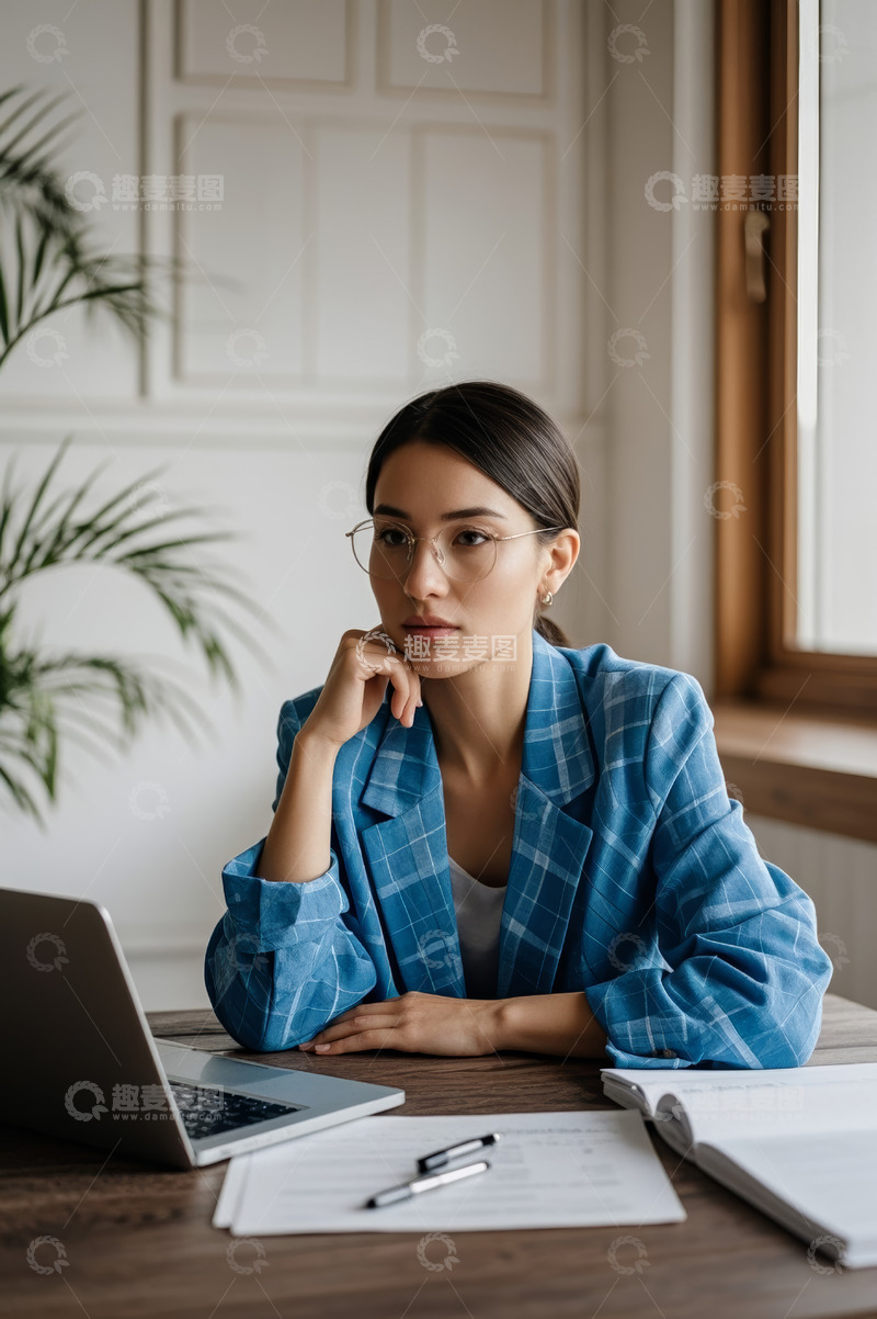 高清大图下载【趣麦麦图】身着蓝格西装工作的女性
