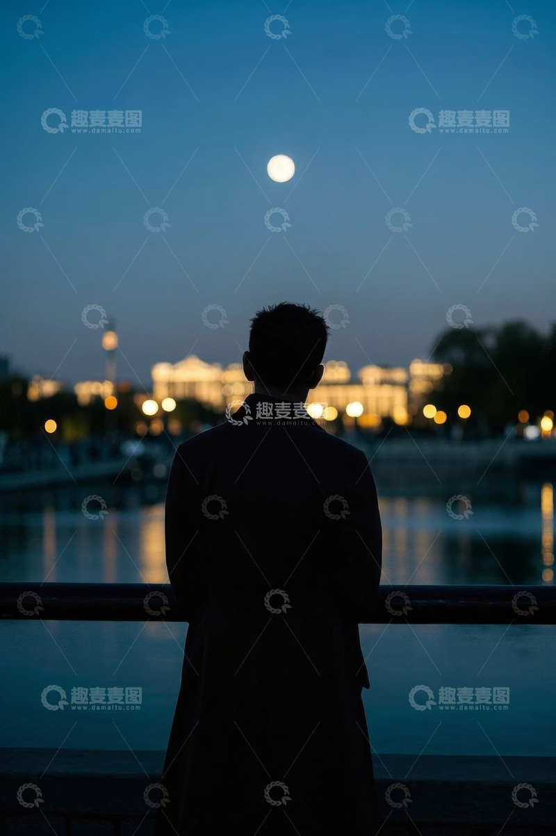 高清大图下载【趣麦麦图】男子夜晚倚栏赏景背影