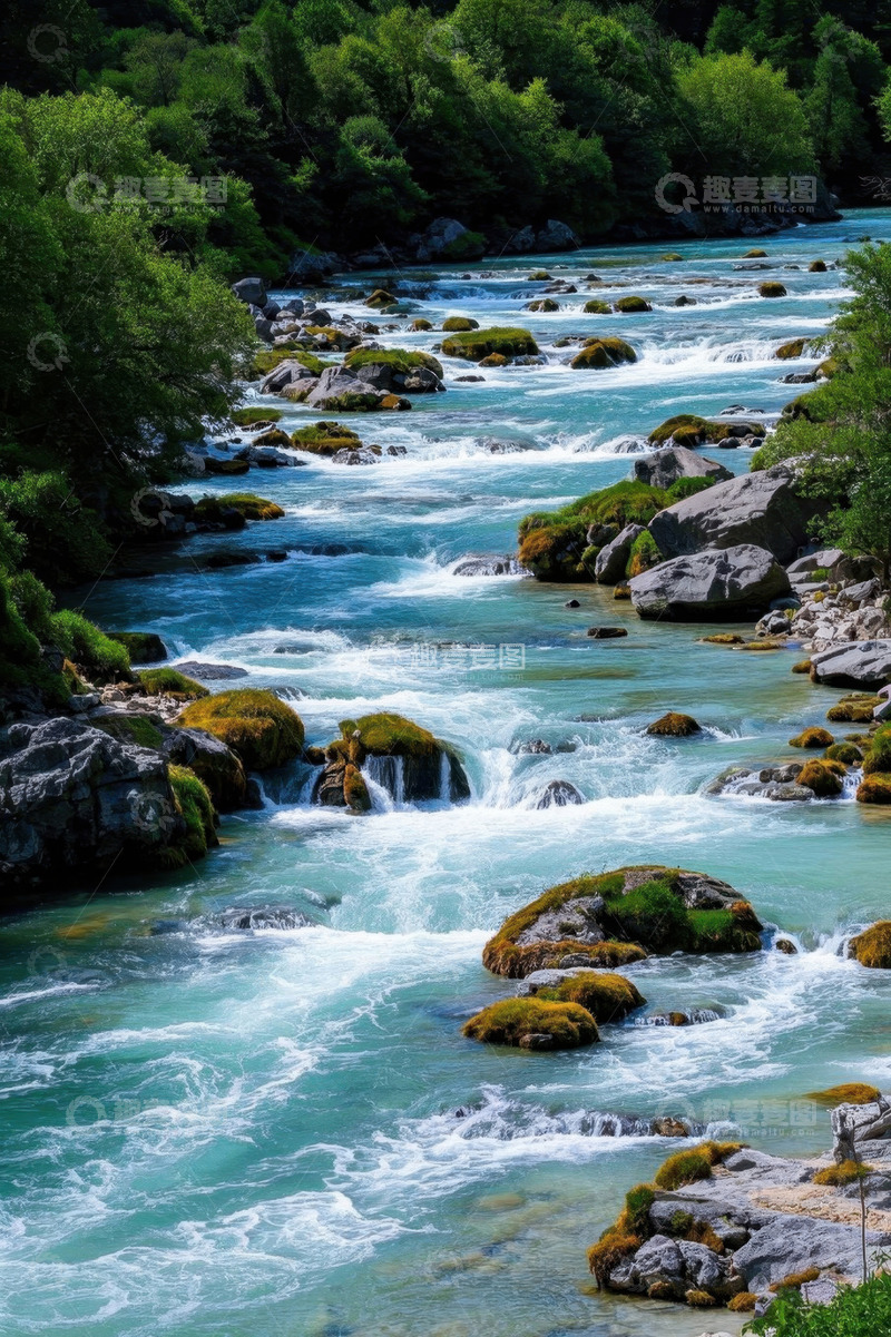 高清大图下载【趣麦麦图】山间湍急河流与沿岸森林景观