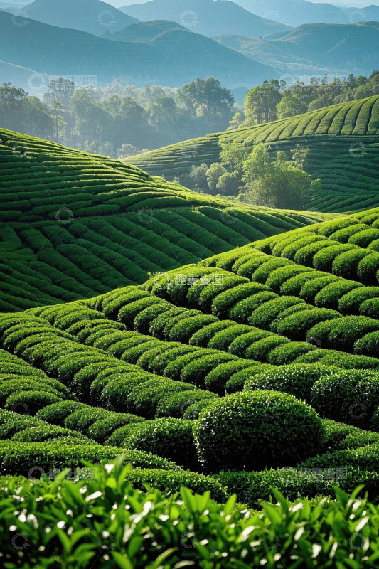 层叠的绿色茶叶种植园景观