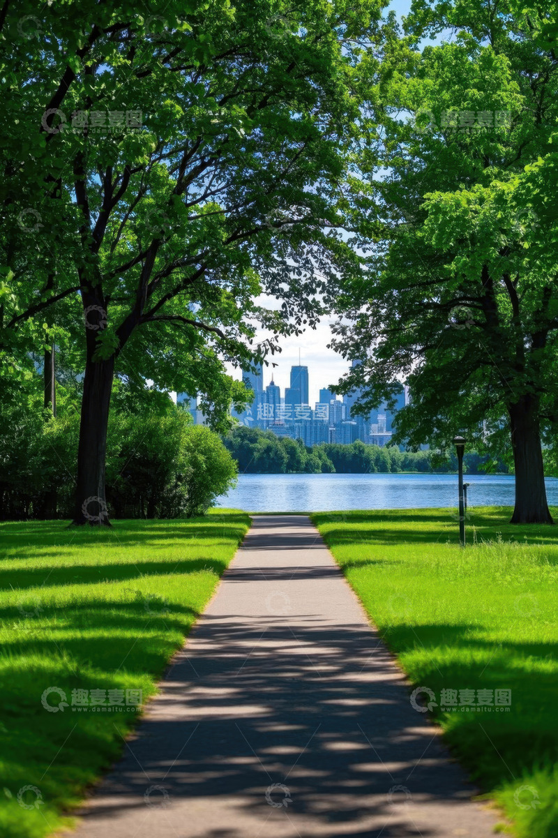 高清大图下载【趣麦麦图】公园小径与城市天际线景观