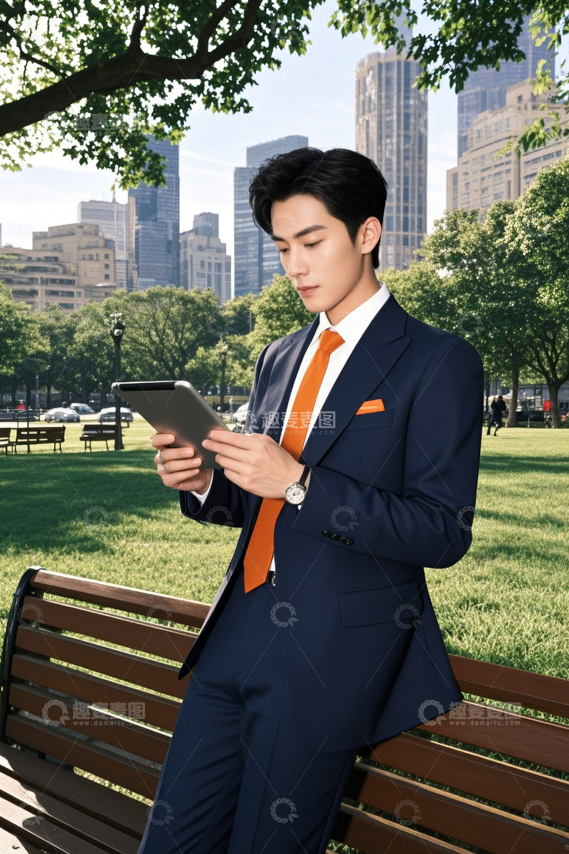 高清大图下载【趣麦麦图】商务男士公园长椅使用平板电脑