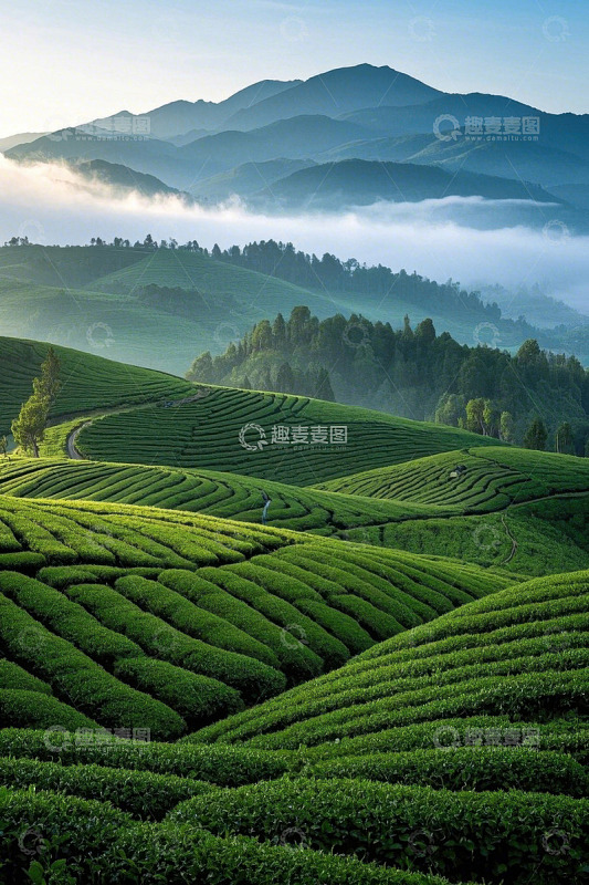 山间层层叠叠的绿色茶园