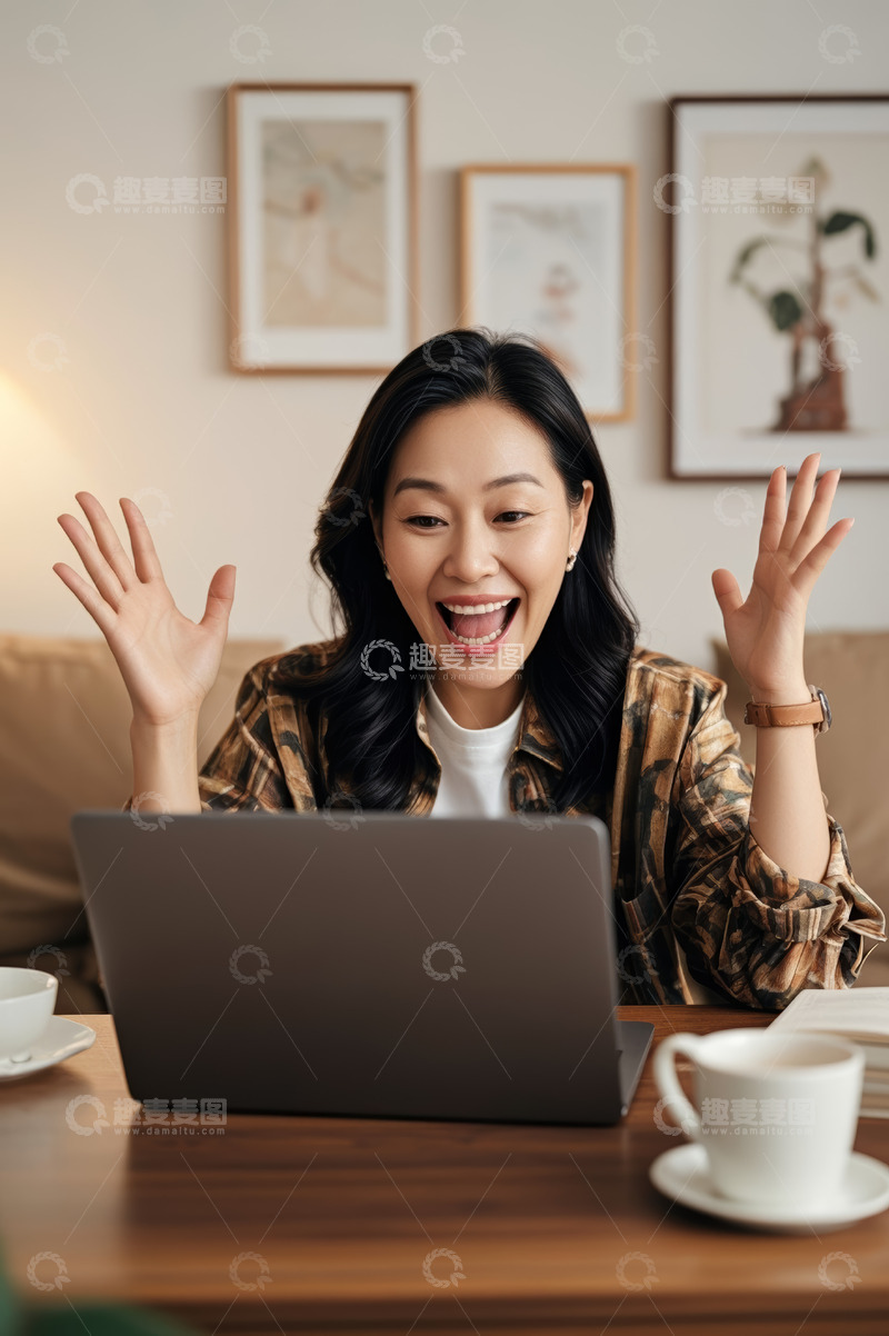 高清大图下载【趣麦麦图】居家女性兴奋使用笔记本电脑