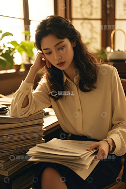 女性室内翻阅文件神情疲惫