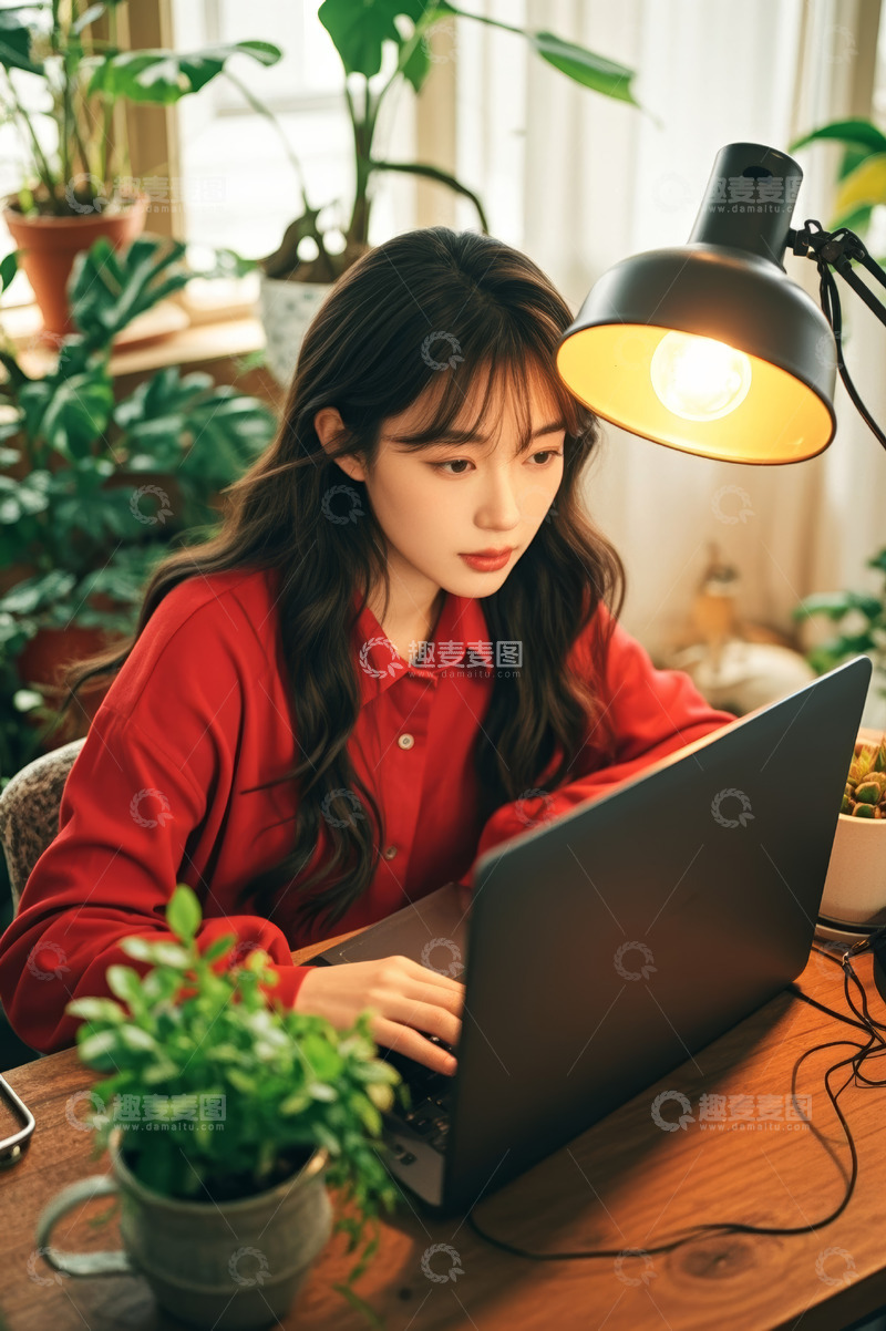 高清大图下载【趣麦麦图】室内女性专注使用笔记本电脑