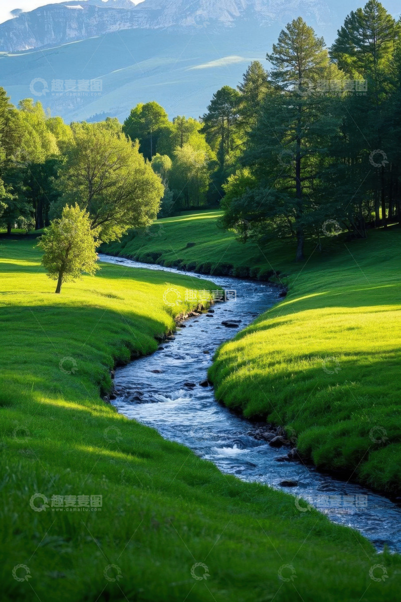 高清大图下载【趣麦麦图】山间河流旁的森林草地风光
