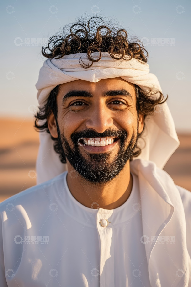高清大图下载【趣麦麦图】沙漠中微笑的阿拉伯男子