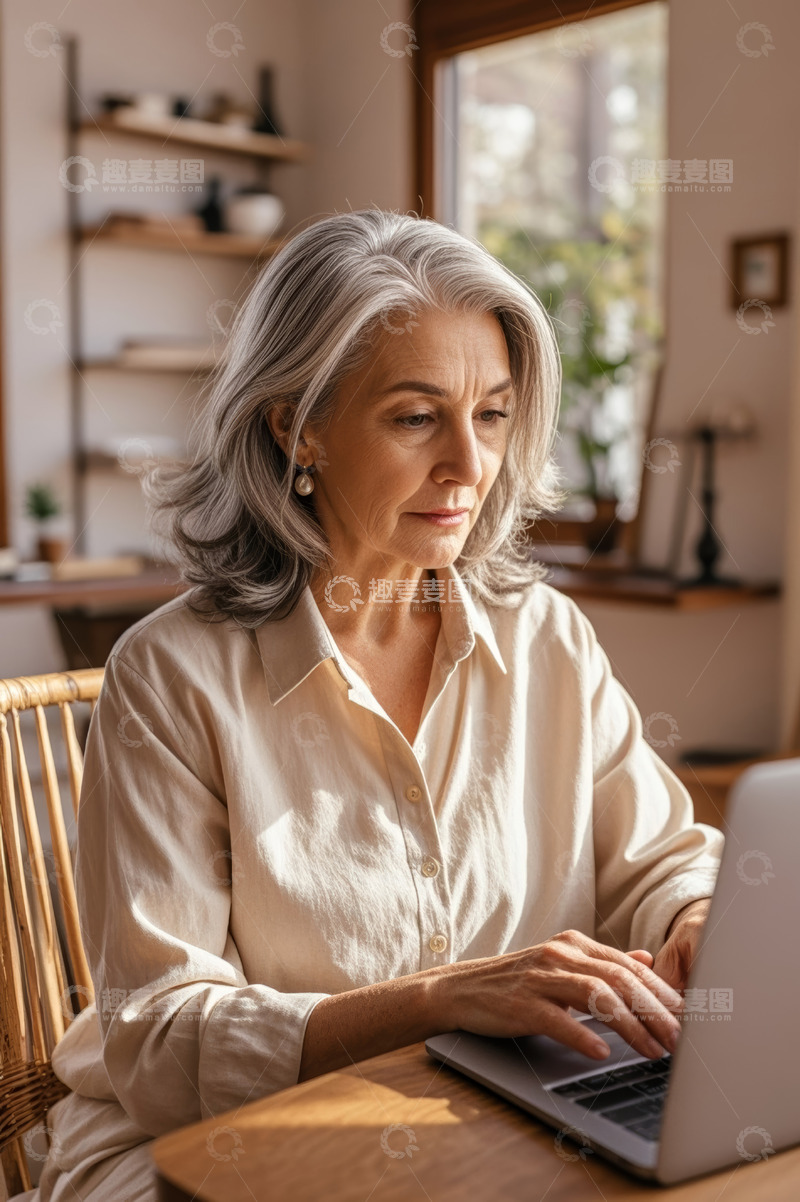 高清大图下载【趣麦麦图】老年女性居家使用笔记本电脑