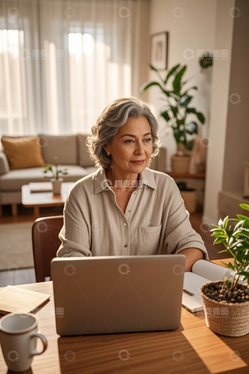 高清大图下载【趣麦麦图】老年女性居家使用笔记本电脑