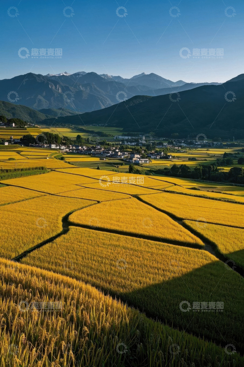 高清大图下载【趣麦麦图】山间金黄稻田与村庄景观