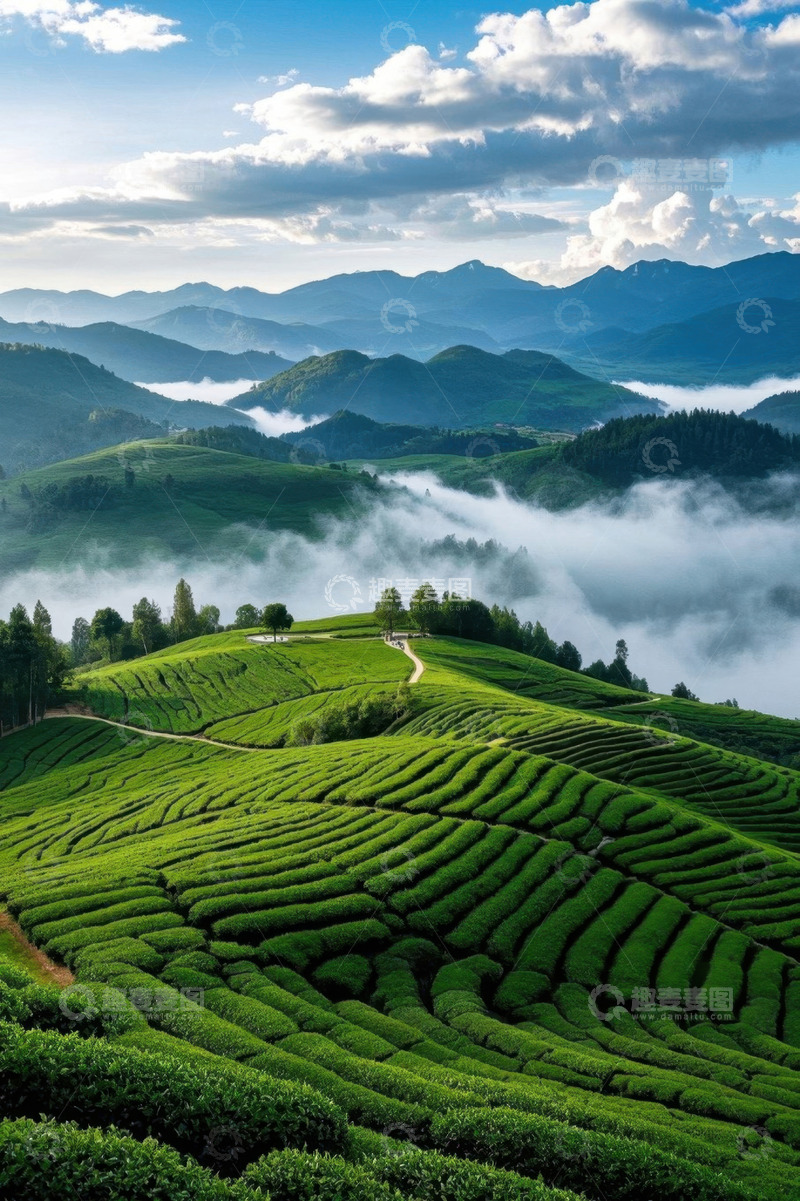 高清大图下载【趣麦麦图】山间云雾缭绕的绿色茶叶种植园