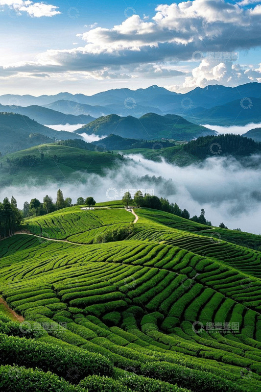 山间云雾缭绕的绿色茶叶种植园