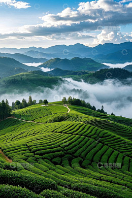 山间云雾缭绕的绿色茶叶种植园