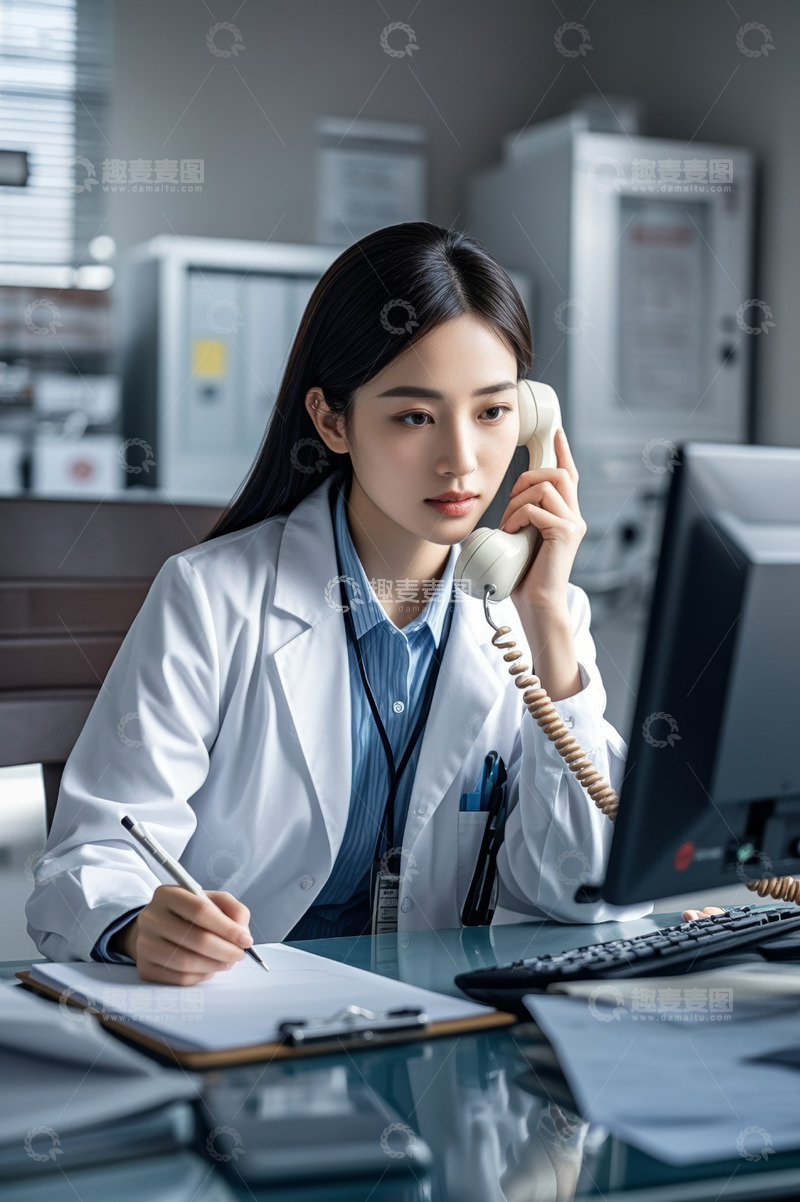高清大图下载【趣麦麦图】女医生办公时打电话记录
