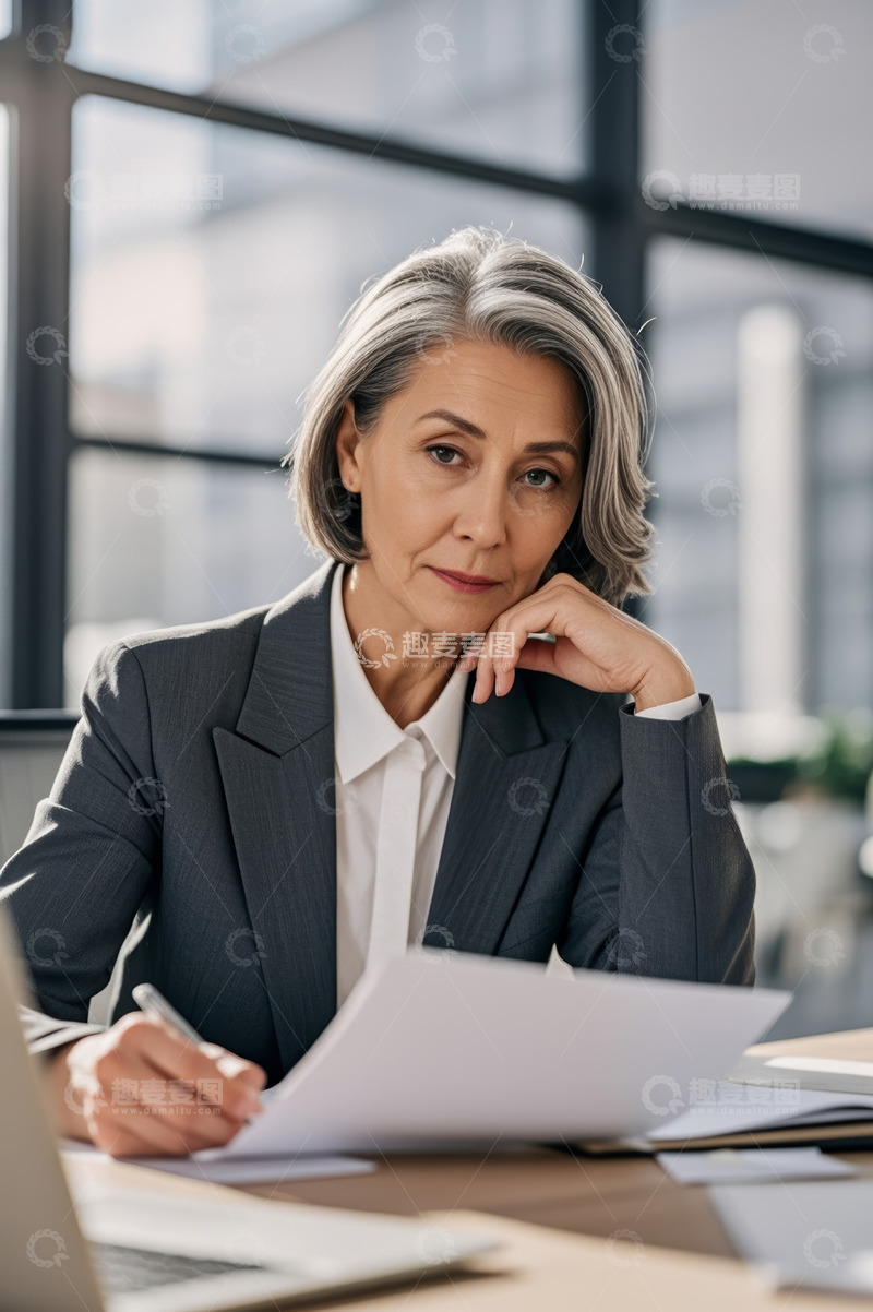 高清大图下载【趣麦麦图】办公室内思考工作的资深女商人