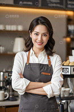 咖啡馆女服务员双臂交叉站立