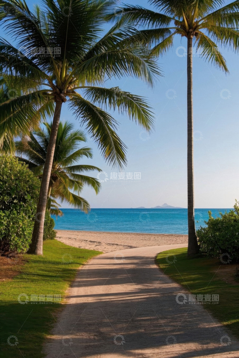 高清大图下载【趣麦麦图】热带海滩旁的棕榈树与小径