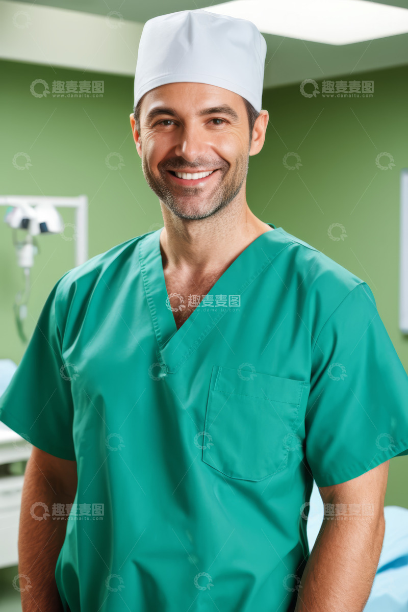 高清大图下载【趣麦麦图】男医生医院内穿手术服微笑