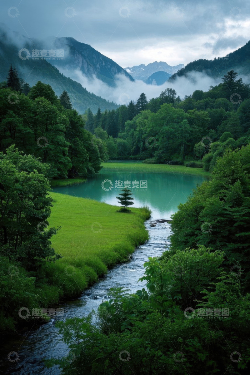 高清大图下载【趣麦麦图】山林间的湖泊与溪流景观