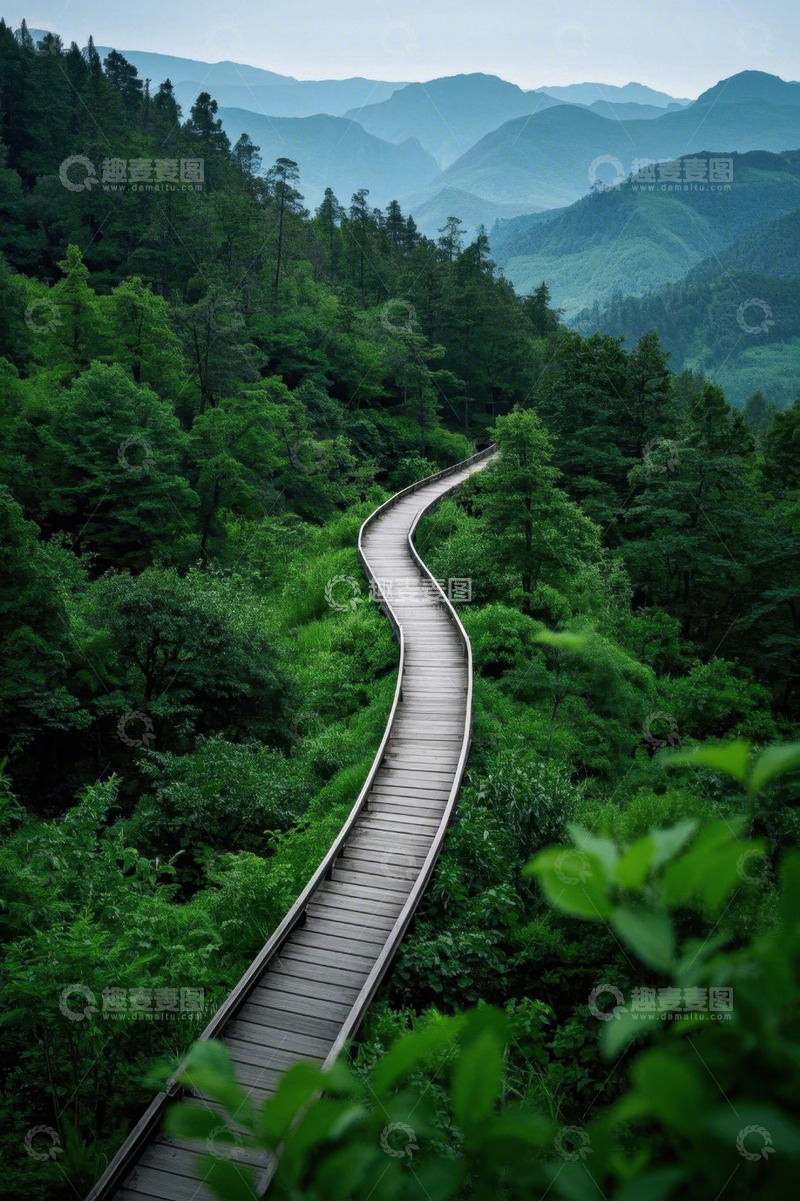 高清大图下载【趣麦麦图】山林间蜿蜒木质步道