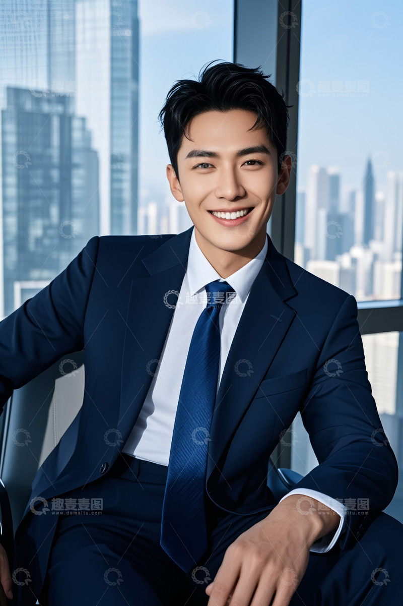 高清大图下载【趣麦麦图】身着西装男子坐于窗前微笑