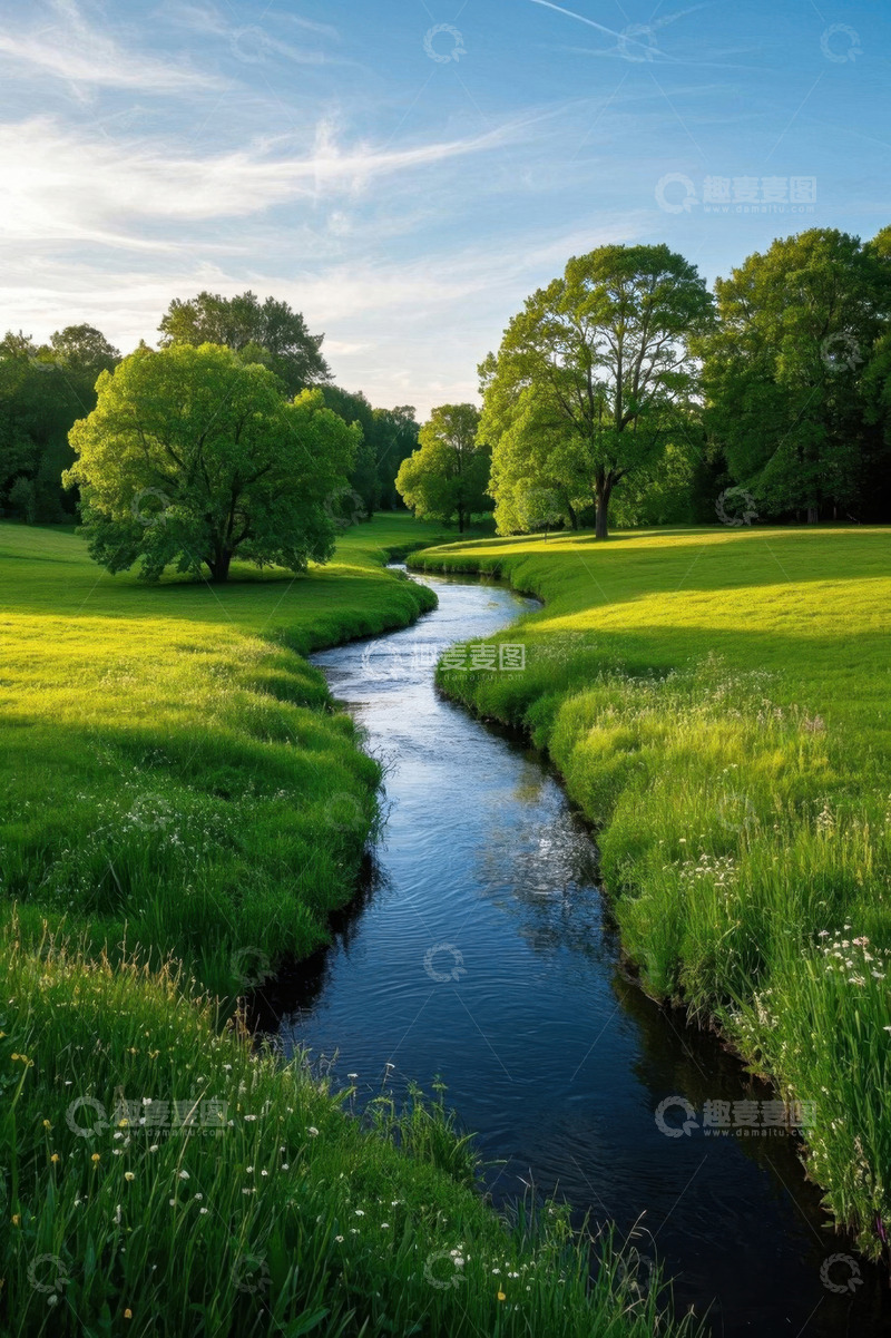 高清大图下载【趣麦麦图】田园间蜿蜒河流与葱郁树林