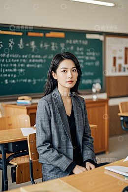 教室中坐着的年轻女教师