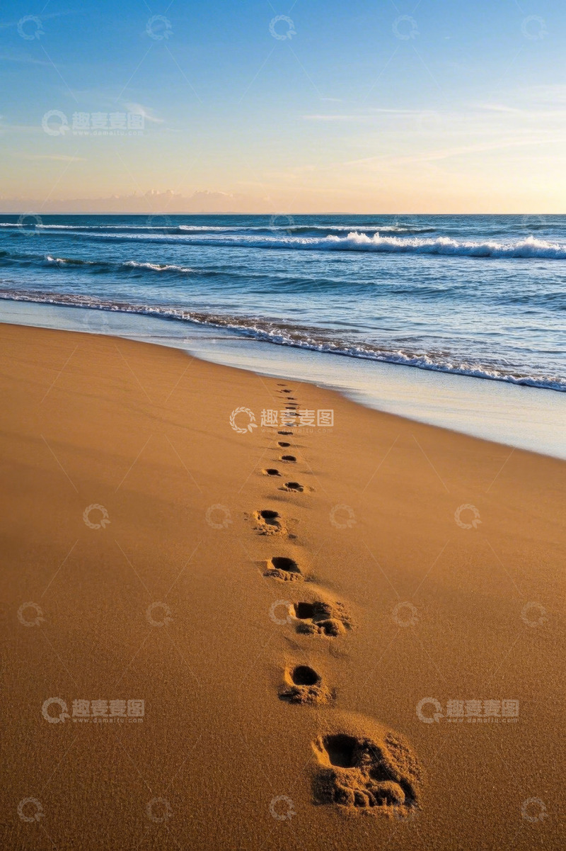 高清大图下载【趣麦麦图】沙滩上延伸的脚印与海浪景观
