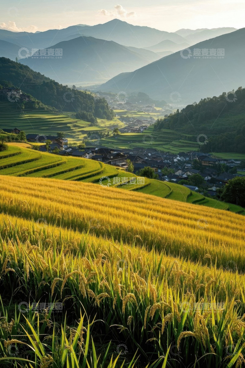 高清大图下载【趣麦麦图】山间梯田与村庄自然风光
