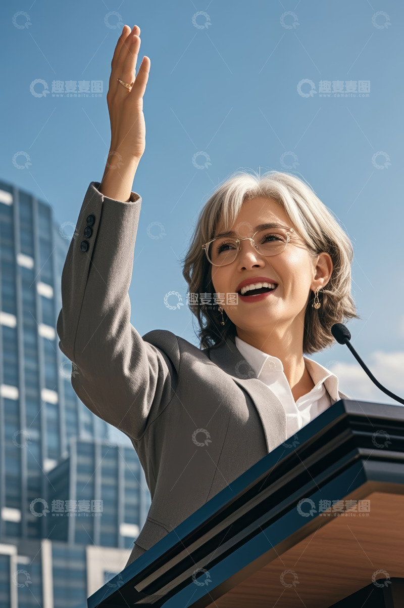 高清大图下载【趣麦麦图】商务女性在户外讲台挥手发言