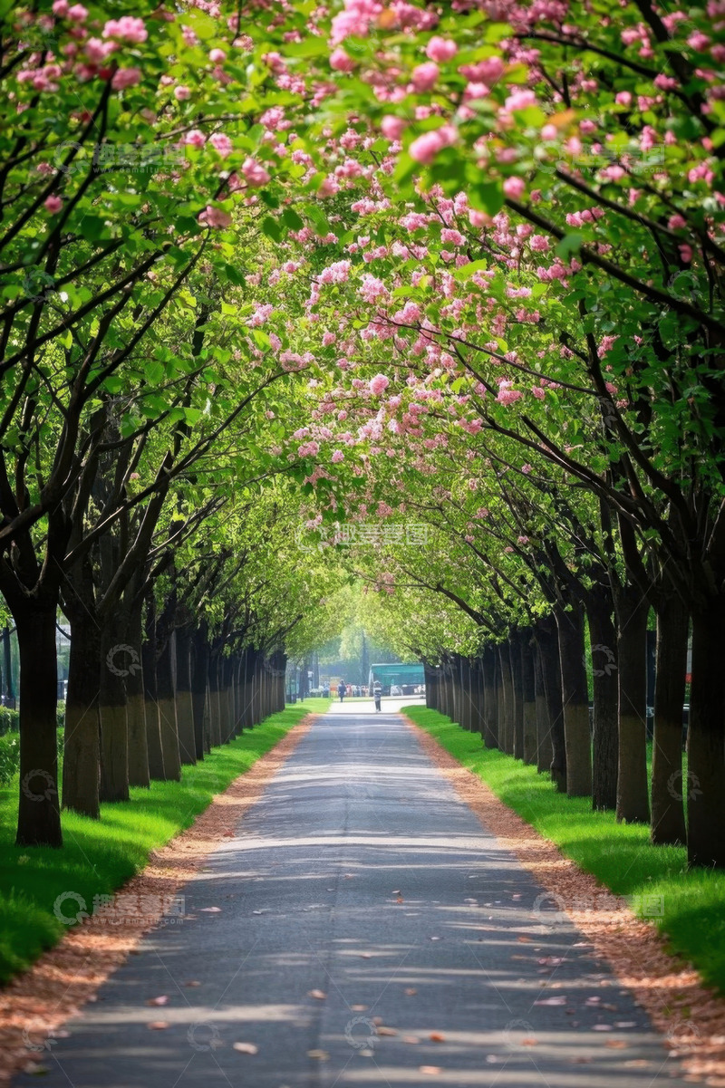 高清大图下载【趣麦麦图】繁花盛开的林荫道路