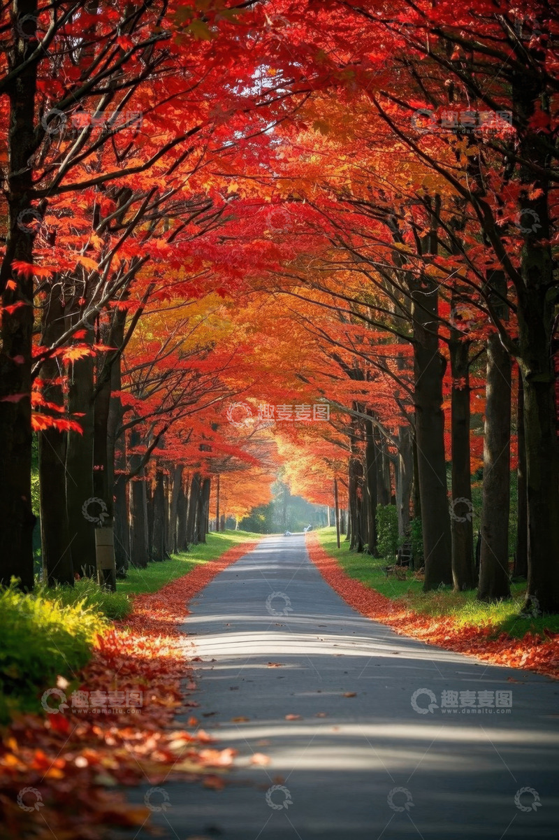 高清大图下载【趣麦麦图】秋日红叶林荫道风景