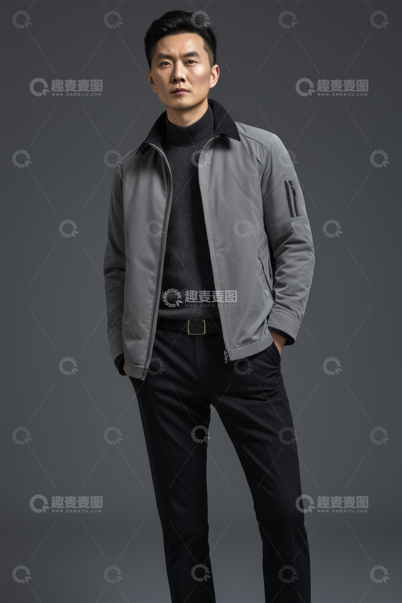 高清大图下载【趣麦麦图】男士灰色夹克服装展示