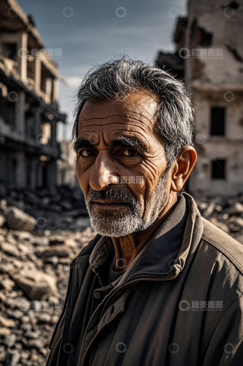 高清大图下载【趣麦麦图】废墟前的中老年男子肖像