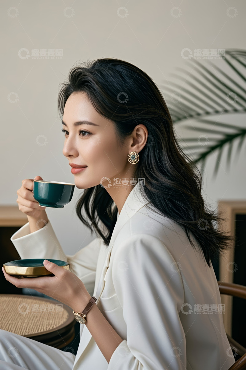 高清大图下载【趣麦麦图】女士优雅地端杯喝咖啡