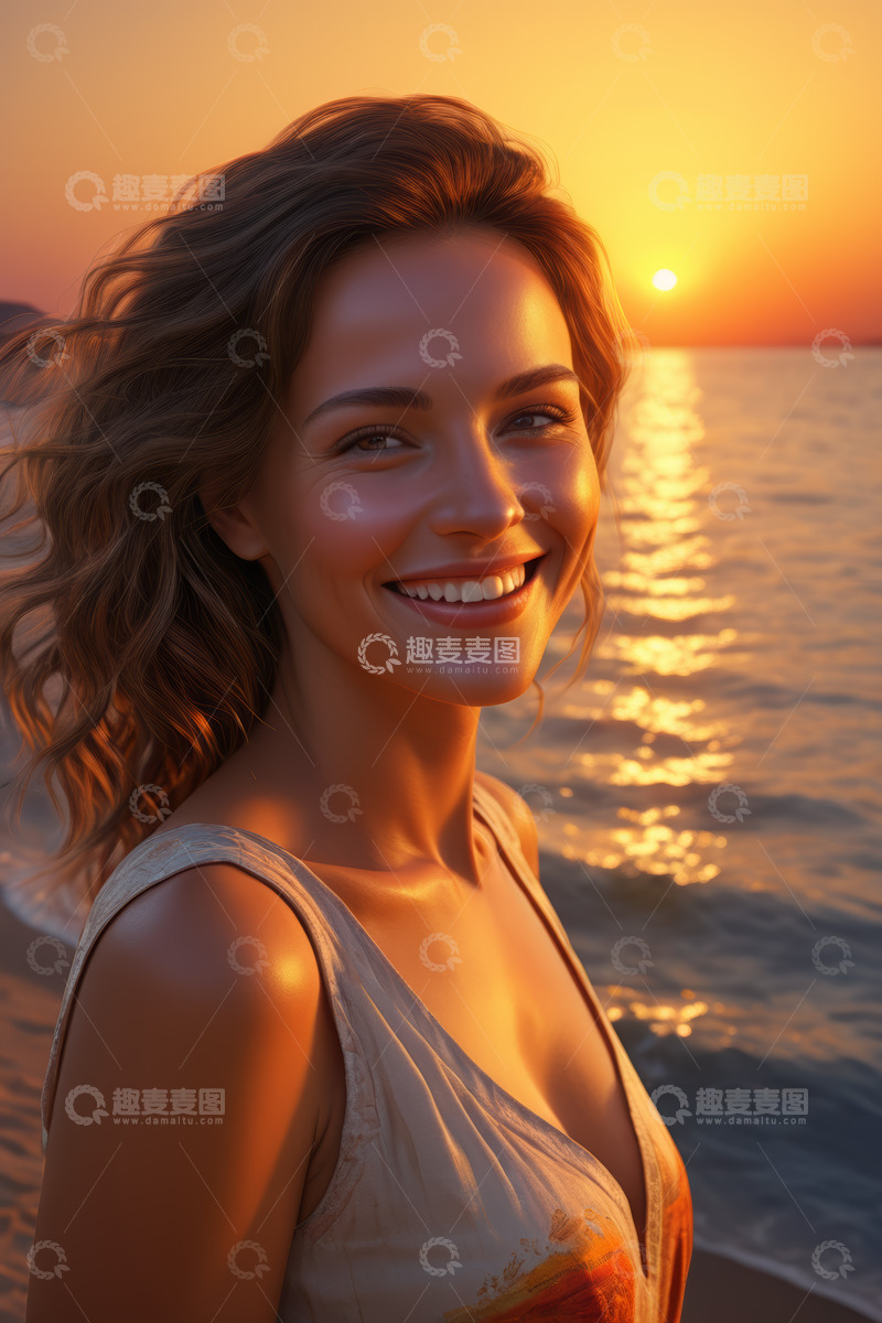 高清大图下载【趣麦麦图】海边微笑的年轻女子