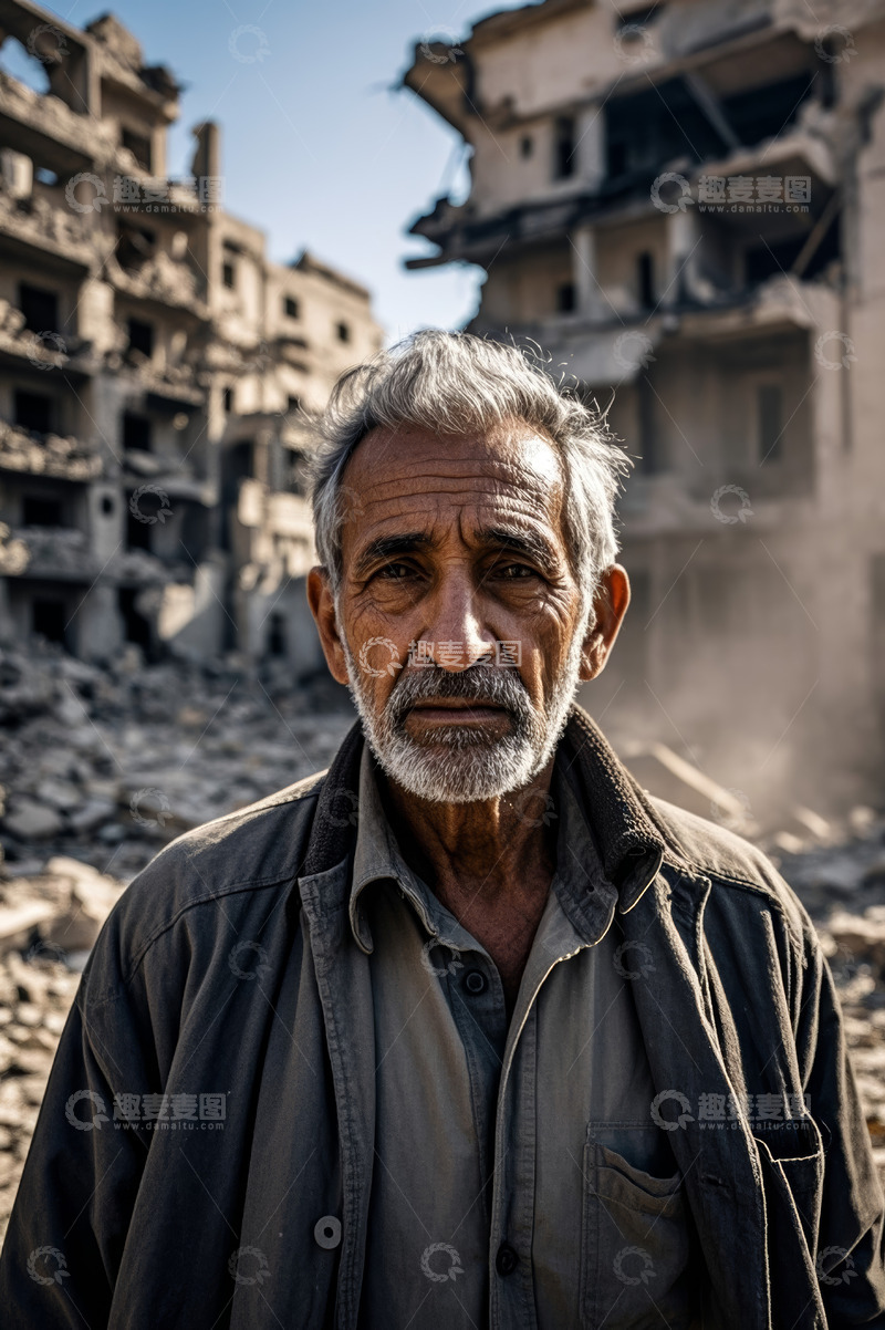 高清大图下载【趣麦麦图】战争废墟前的老人肖像