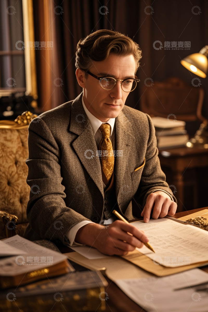 高清大图下载【趣麦麦图】西装男士桌前书写