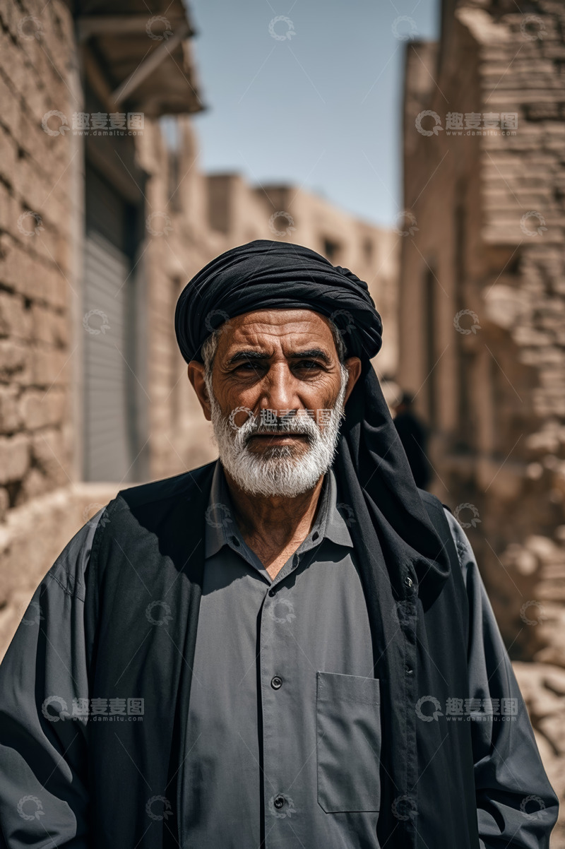 高清大图下载【趣麦麦图】戴头巾老人于古朴街巷前