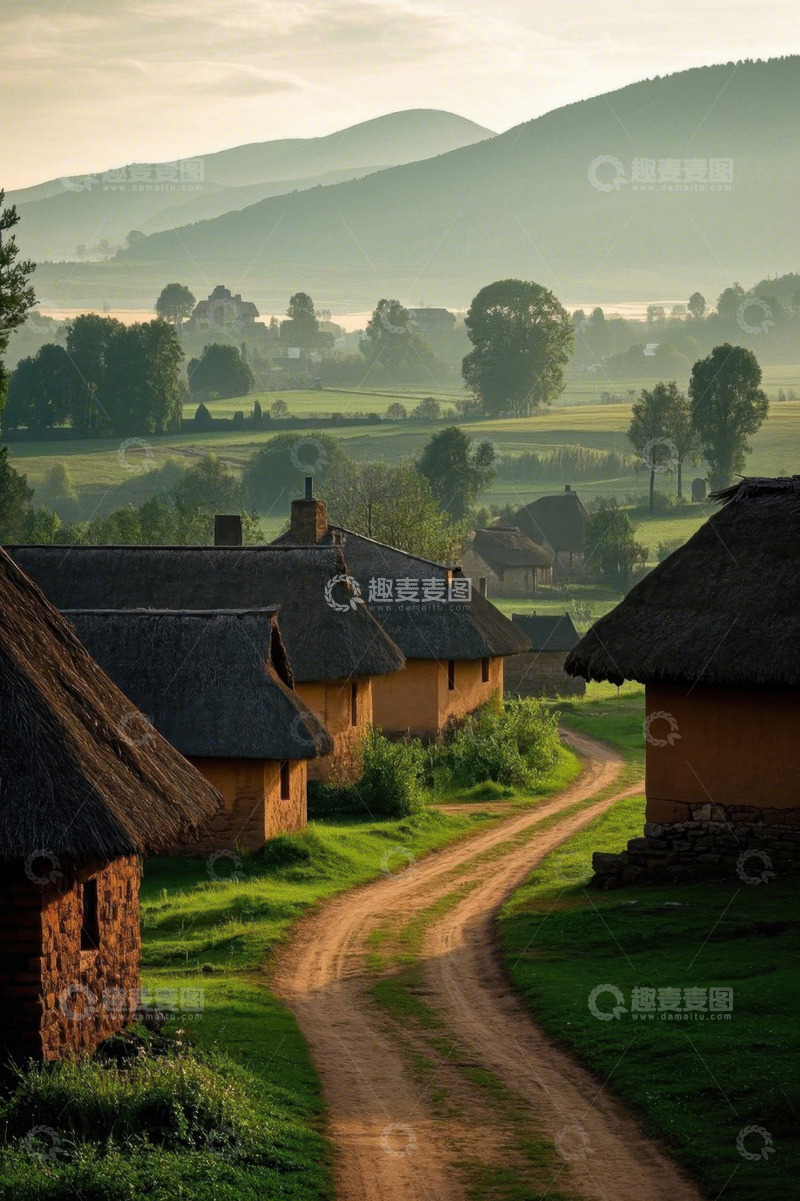 高清大图下载【趣麦麦图】乡村茅草屋与田野风光