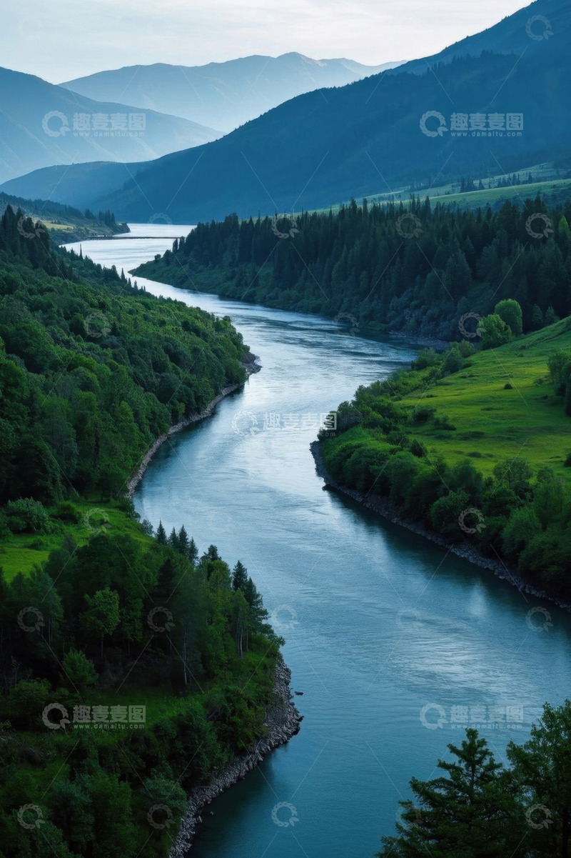 高清大图下载【趣麦麦图】山间河流与森林自然景观