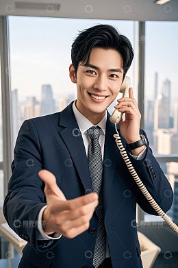 商务男士打电话并伸手示意