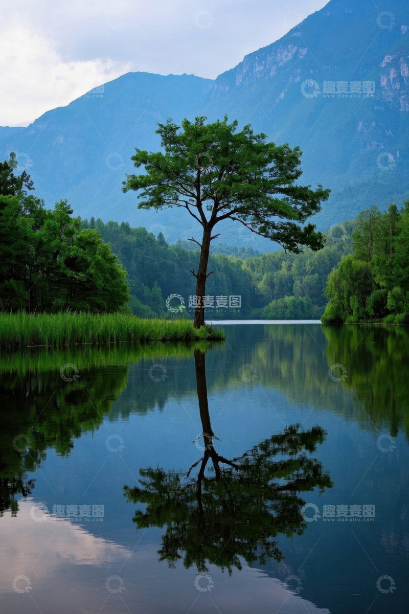 高清大图下载【趣麦麦图】湖畔孤树与山水森林景观