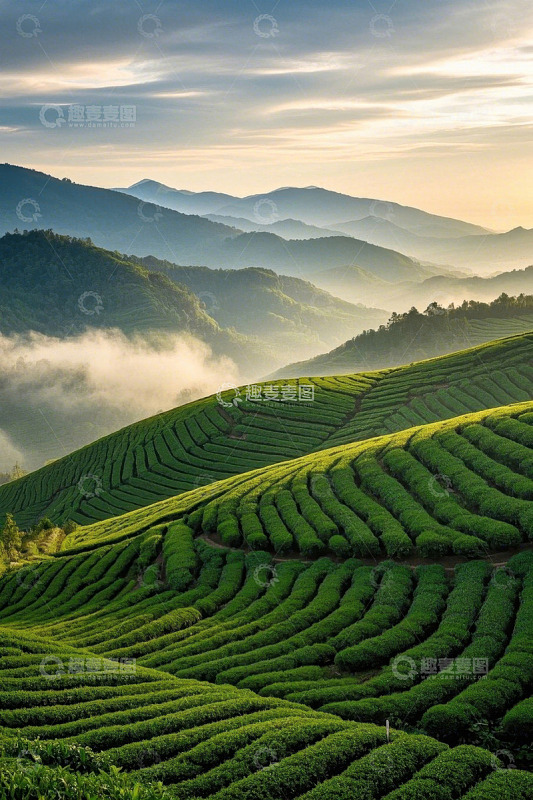 山间云雾缭绕的绿色茶园风光