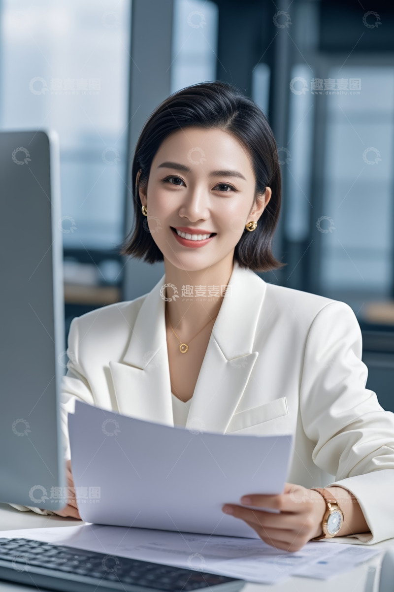 高清大图下载【趣麦麦图】女商人办公室持文件看镜头