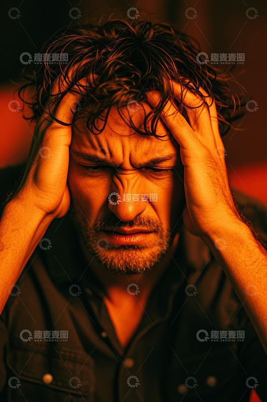男子双手抱头显焦虑神情