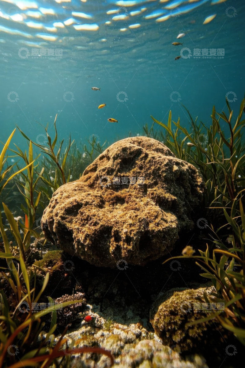 高清大图下载【趣麦麦图】水下礁石与游动小鱼景观
